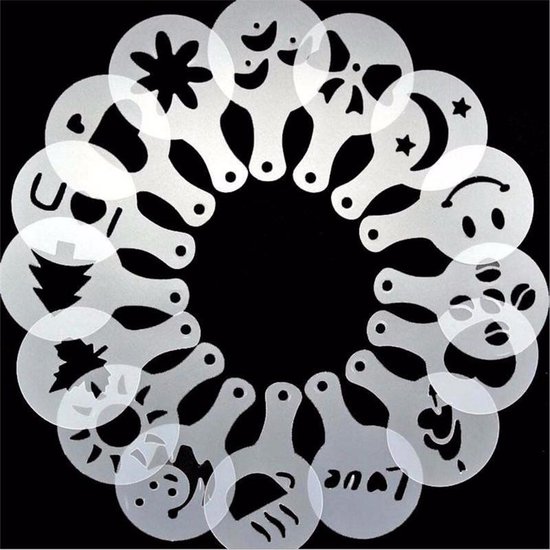 Cirkelvormige witte plastic mallen met verschillende patronen, waaronder een kerstboom, maan, hart, smiley en ster.