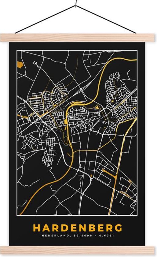 Posterhanger incl. Poster 120x180 cm - Schoolplaat - Plattegrond - Hardenberg - Goud - Zwart - Textielposter - Blanke latten - Stadskaart