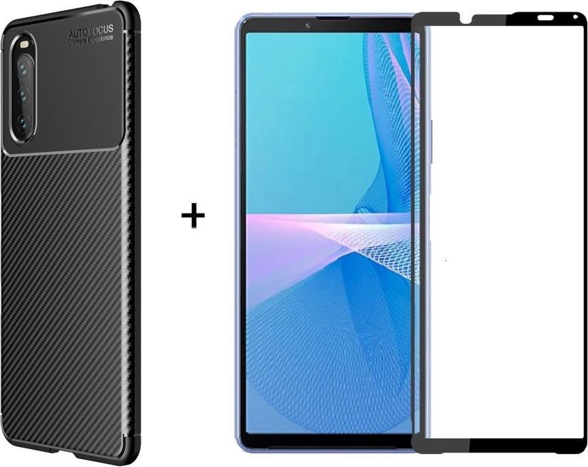 Silicone gel zwart hoesje Sony Xperia 10 III met full cover glas screenprotector