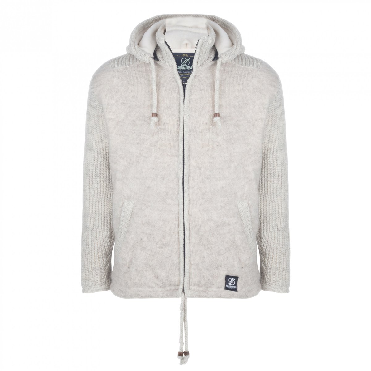 Gebreid Wollen Heren/Uni Vest van Schapenwol met Polyester Fleece voering en afneembare capuchon SHAKALOHA M Finn Beige