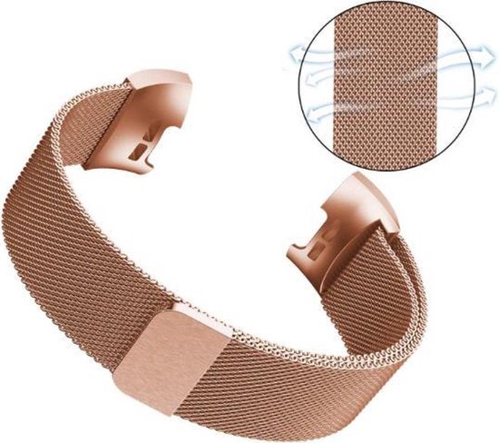 Bracelet milanais en acier inoxydable couleur or rose, avec gros plan montrant la circulation de l'air.