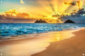 Tuinposter - Zonsopgang strand Hawaï - omgezoomde rand - 120x80cm