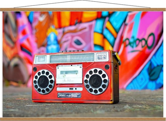 Schoolplaat – Rode Radio voor Graffiti Muur - 120x80cm Foto op Textielposter (Wanddecoratie op Schoolplaat)