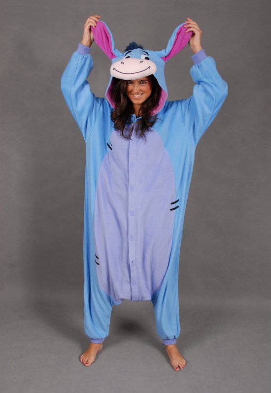 KIMU Onesie Eeyore Pak - Maat M-L - Ezel Kostuum Paard Pyjama Ezelpak Blauw Jumpsuit Fleece Huispak Volwassenen Mannen Vrouwen Fleece Sinterklaas Kado