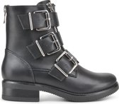 PS Poelman Dames - BASIM PU Imitatieleren Biker Enkel Laarzen Boots met Gespen en Dubbellen Rits - Zwart - Maat 41