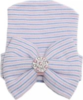 Newborn muts met strik en steentjes roze en blauw | Baby | Geboorte muts | Ziekenhuis muts | Maat 0-3 maanden