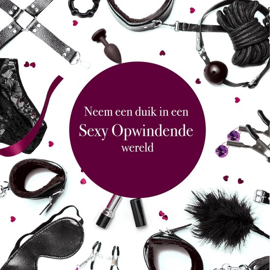 Collage van zwarte BDSM-accessoires op witte achtergrond: handboeien, oogmasker, zweep, plug, touw, ball gag, kraag, clamps, kietelveer.