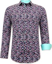 Luxe Satijn Heren Overhemd Bloemen Print - 3076NW - Zwart / Turquoise