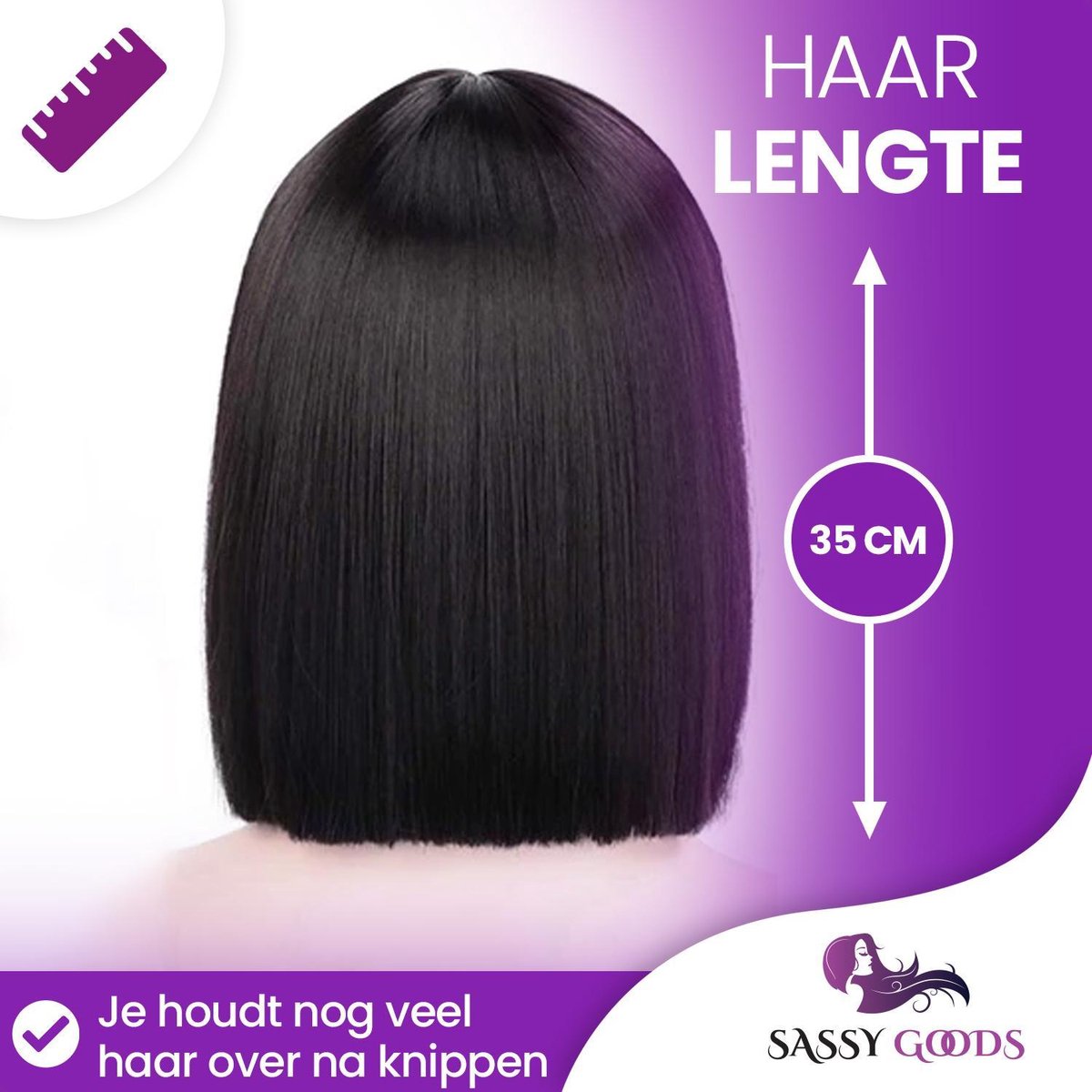 SassyGoods Zwarte Pruik - Pruiken Dames Kort Haar - Wig - Haarwerk - Wasbaar - Zwart - 35 cm — afbeelding 3