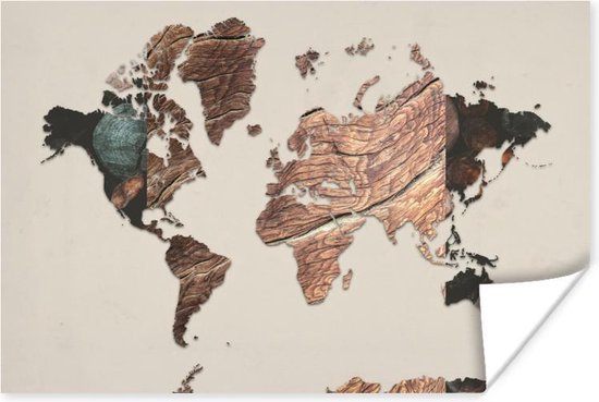 Poster - Wereldkaart - Hout - Bruin - 120x80 cm
