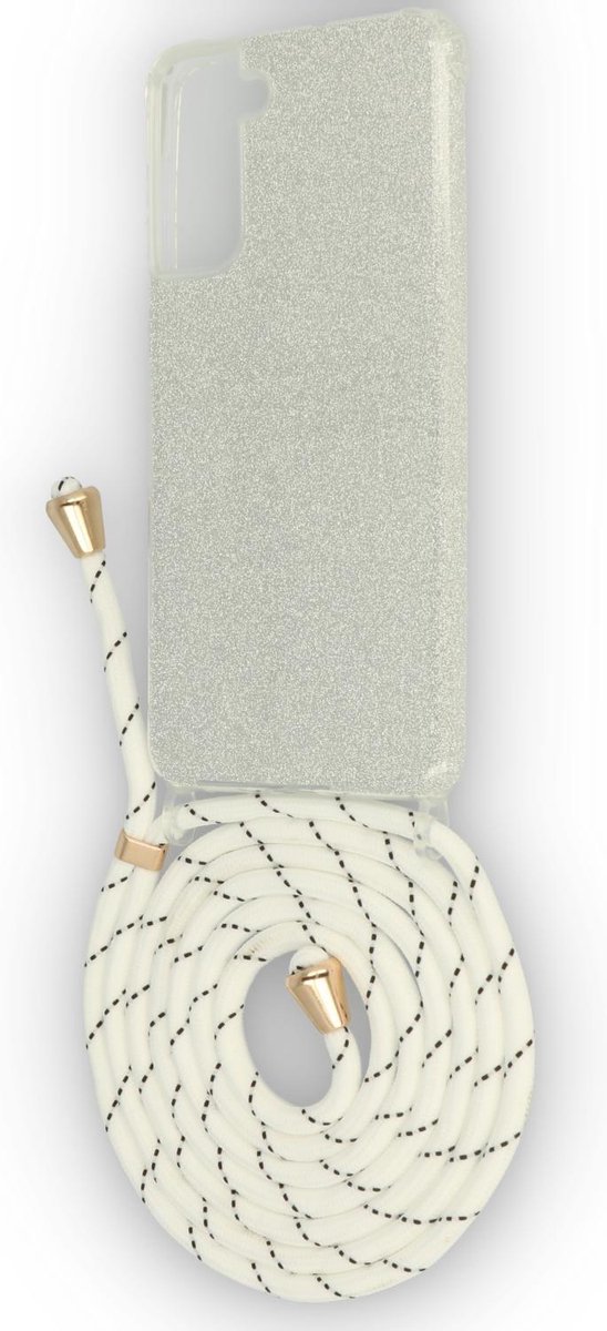 HB Hoesje Geschikt voor Samsung Galaxy S21 - Zilver - Glitter Back Cover met Koord