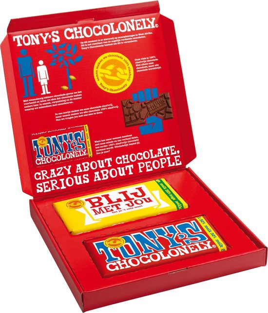 Tony's Chocolonely Vaderdag Cadeau Geschenkdoos - Chocolade Cadeau "Blij met jou" + Melk Chocola Reep Geschenk - 2 x 180 gram Geschenkset voor Man en Vrouw