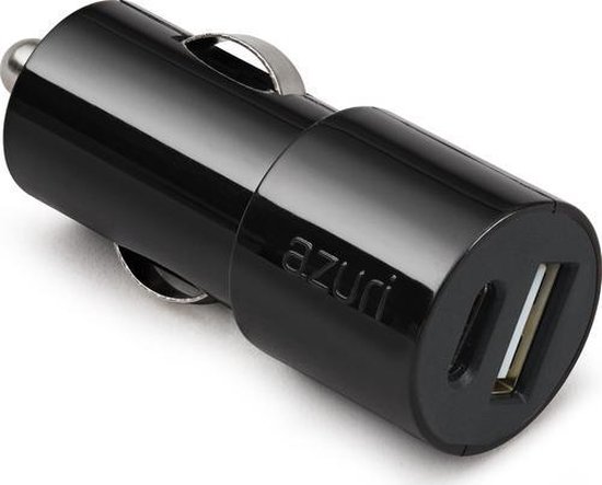 MH by Azuri Quick Charge autolader met 1 x USB-C poort en 1 x USB-A poort - Zwart - 30W