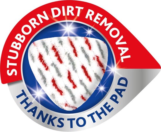 Vileda logo 'Stubborn Dirt Removal Thanks To The Pad' met een gedeelte van een witte mop met rode en grijze strepen.