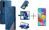 Book Case Samsung Galaxy A50 | Hoogwaardig PU Leren Hoesje | Lederen Wallet Case | Luxe Uitstraling | Telefoonhoesje | Pasjeshouder | Portemonnee | Blauw + 1x screen protector