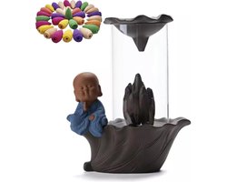 Wierookbrander Lotusblad en Boeddha - Wierookhouder met Windglas - Inclusief 50 Waterval Wierookkegels