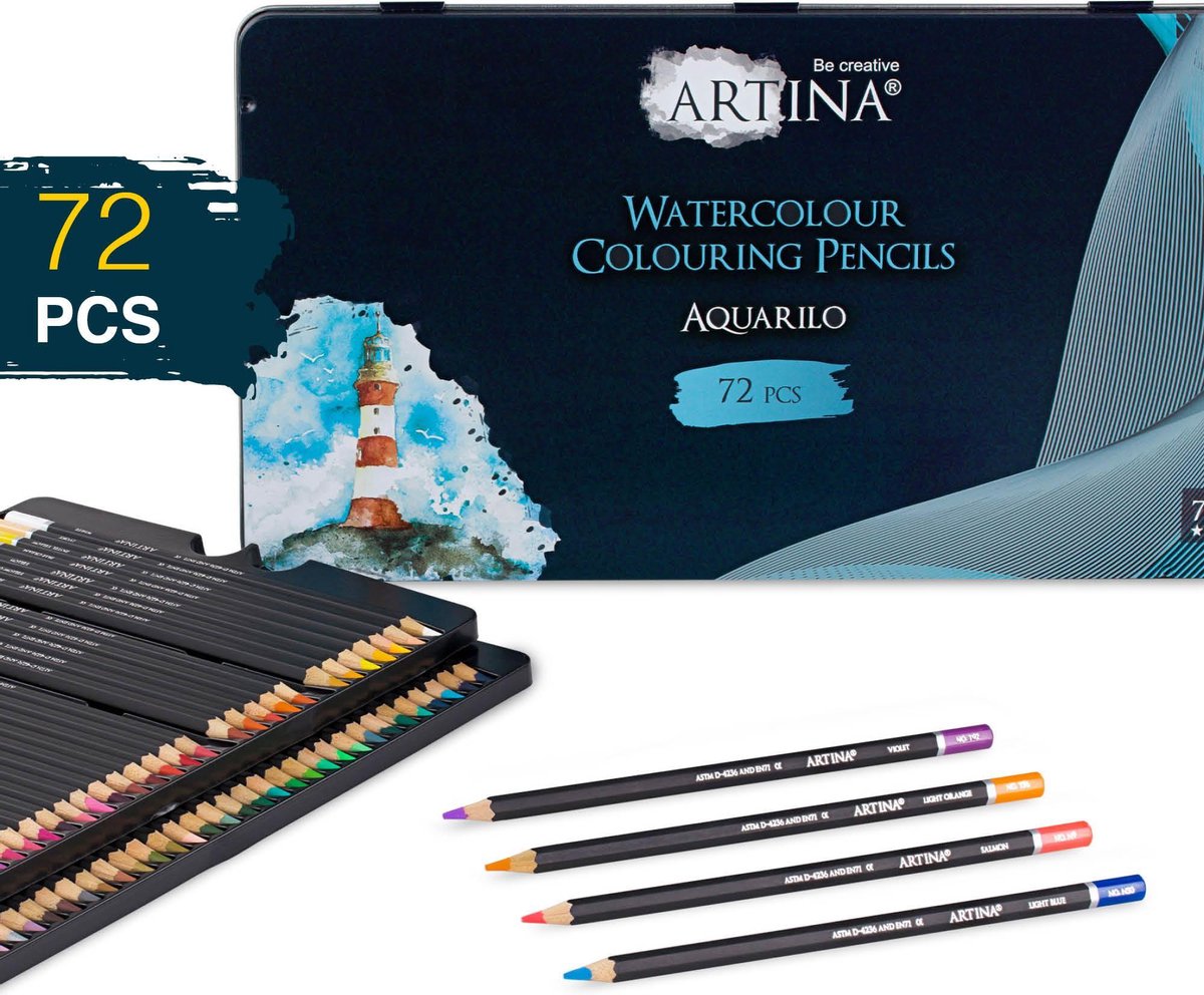 Artina Aquarilo aquarelpotloden set van 72 - kleurpotloden FSC gecertificeerde Potloden wateroplosbare houten stiften hoog gepigmenteerd