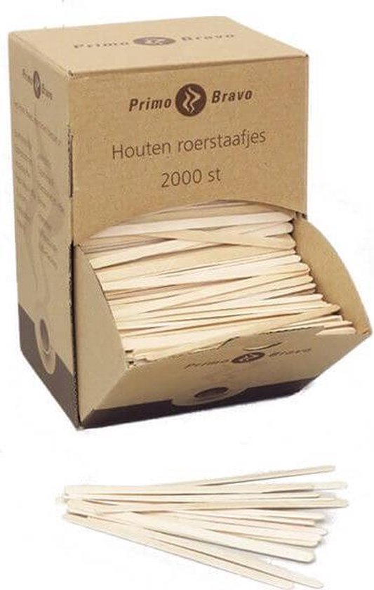 Primo Bravo - Houten Roerstaafjes - Dispenser 2000 stuks - 11cm