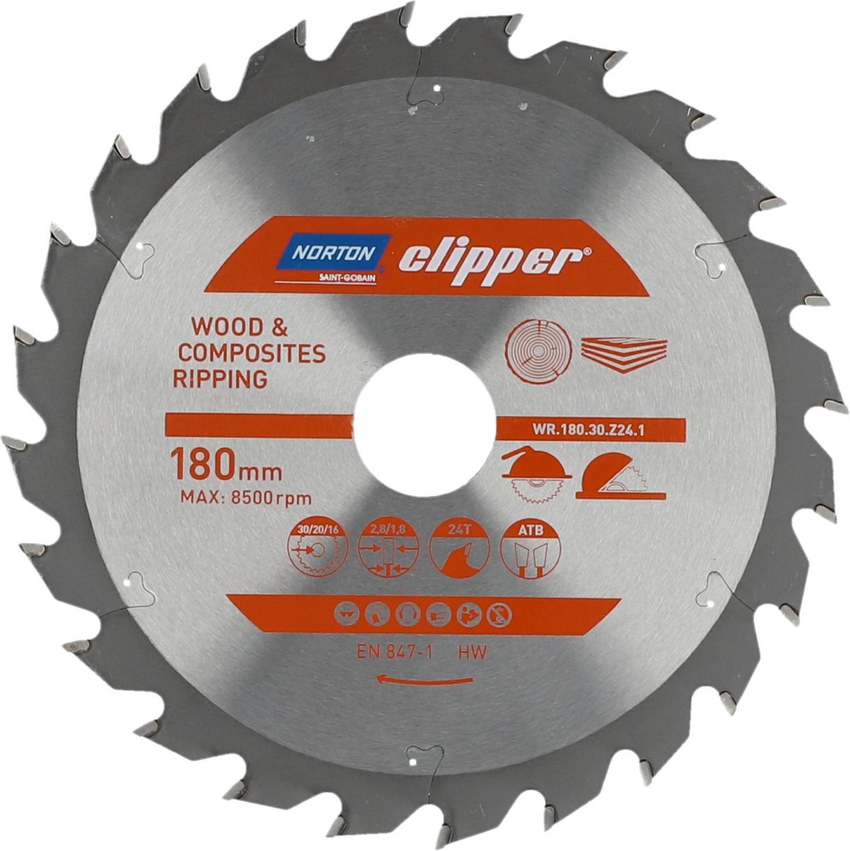 Norton Clipper Hout en Composiet - Zaagblad ATB Ripping - 180mm - 24 tanden - Voor Cirkelzagen en Afkortzagen