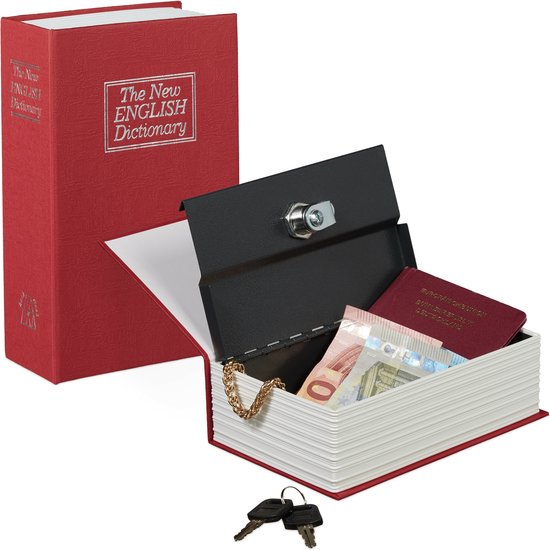 Een geopende rode boekkluis met geld, paspoort en sleutels.