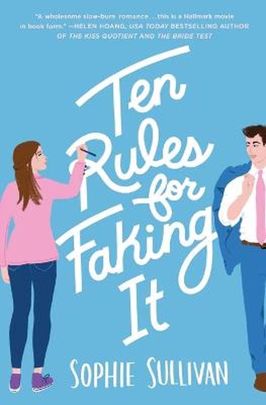 Boekcover van "Ten Rules for Faking It" met een vrouw die iets schrijft en een man die zijn jas over zijn schouder draagt.