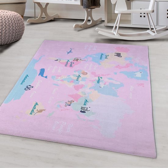 Flycarpets Speelkleed - Wereldkaart Roze / Kleurrijk Vloerkleed Kinderkamer / Babykamer - Laagpolig Kindervloerkleed - 100x150 cm