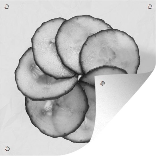 Tuindoek Plakjes komkommer in een cirkel - zwart wit - 100x100 cm