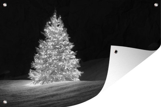Tuinposter - Tuindoek - Tuinposters buiten - Een verlichtte kerstboom tijdens de nacht - zwart wit - 120x80 cm - Tuin