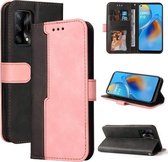 Voor OPPO A74 4G/F19 4G Zakelijke Stiksels-Kleur Horizontale Flip PU Lederen Case met Houder & Kaartsleuven & Fotolijst & Lanyard (Roze)