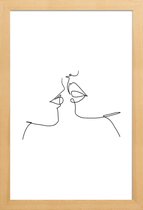 JUNIQE - Poster in houten lijst Oneline Kiss -30x45 /Wit & Zwart