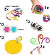 Fidget Toys Pakket - Set met 9 verschillende Fidget Toys: Fidget Zippers Rits , mesh marble , Pop It Fidget, Flippy Chain, Monkey Noodles, Snapperz Rainbow