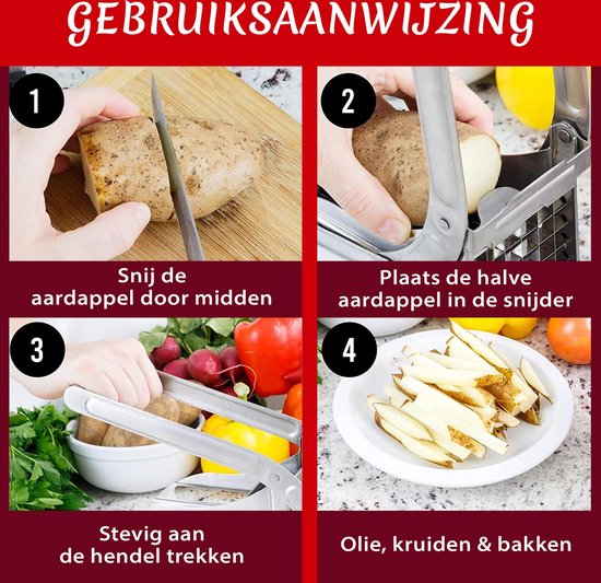 Stapsgewijze instructies voor het gebruik van een frietsnijder, met afbeeldingen van aardappelen snijden en frietjes maken. "GEBRUIKSAANWIJZING"