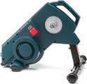 Zijaanzicht van Elite fietstrainer met blauwe behuizing en Smart Fluid label op een witte achtergrond.