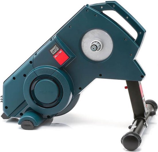 Zijaanzicht van Elite fietstrainer met blauwe behuizing en Smart Fluid label op een witte achtergrond.