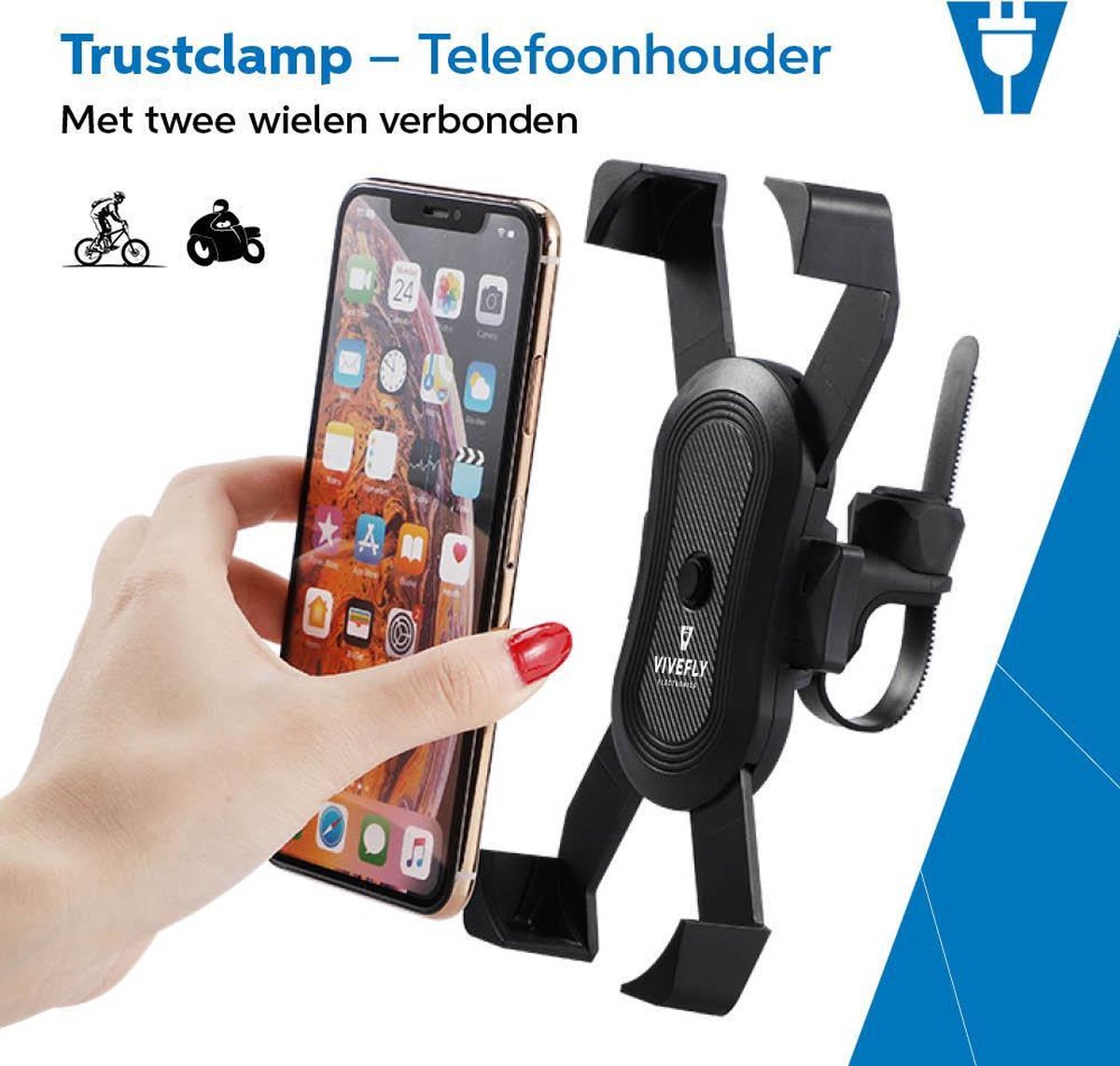 Vivefly Electronics Trustclamp Telefoonhouder Fiets - 360 graden rotatie - Geschikt voor Scooters, Motors, Fietsen en Kinderwagens - Handsfree - GSM Houder - Veilige Grip - Universeel