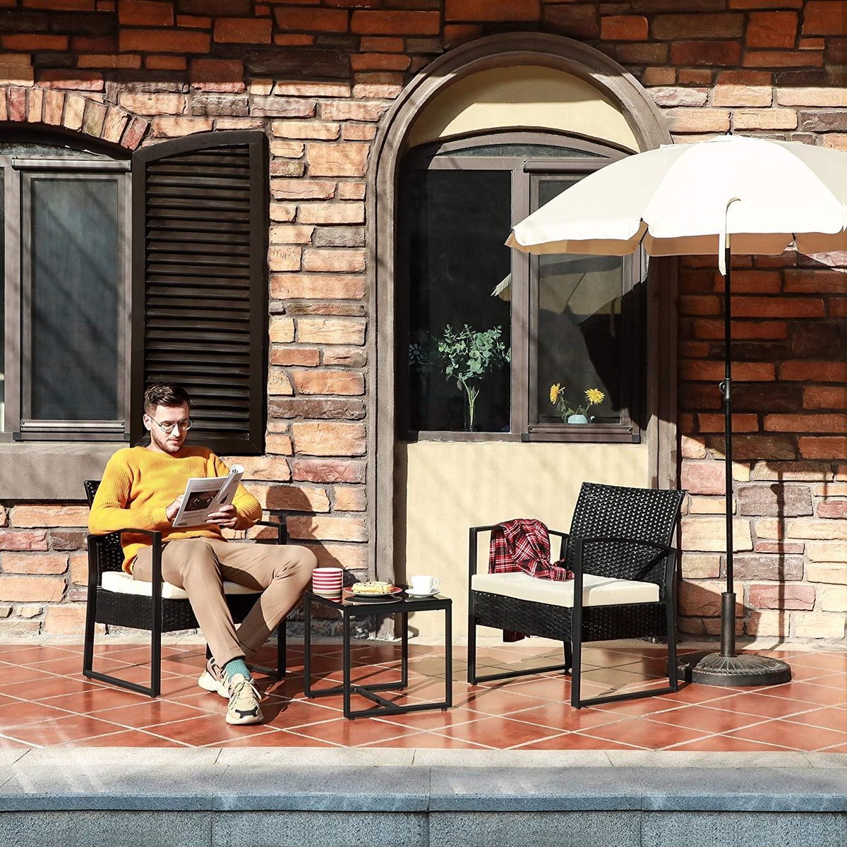 Bealife 3-delige balkonset van polyrotan – tuinmeubelset met 2 stoelen en tafel – voor balkon, terras, veranda, tuin, buitengebruik