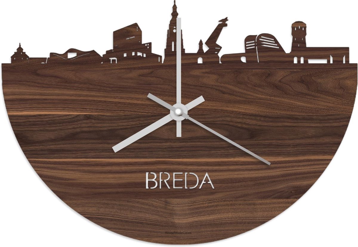 Skyline Klok Breda Notenhout - Ø 40 cm - Stil uurwerk - Wanddecoratie - Meer steden beschikbaar - Woonkamer idee - Woondecoratie - City Art - Steden kunst - Cadeau voor hem - Cadeau voor haar - Jubileum - Trouwerij - Housewarming - WoodWideCities