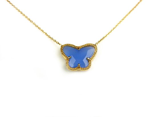 korte zilveren halsketting halssnoer collier geelgoud verguld Model Vlinder met blauwe steen