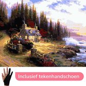 Schilderen Op Nummer Volwassenen Huisje In Het Bos Natuur Landschap – 50x40 cm - Inclusief Tekenhandschoen - Paint By Number Volwassenen