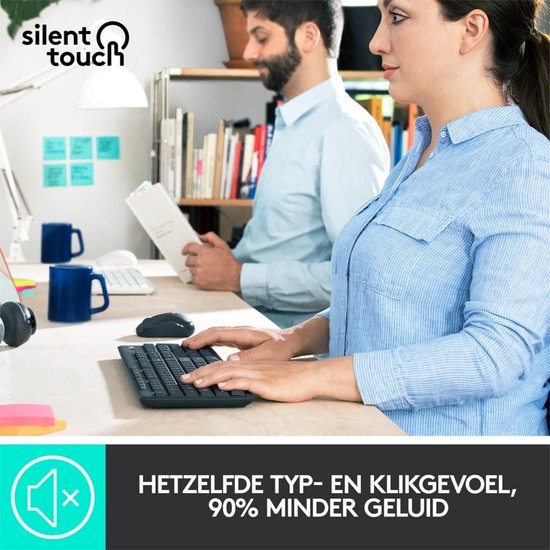 Mensen aan bureaus met Logitech toetsenborden en muizen. Tekst: HETZELFDE TYP- EN KLIKGEVOEL, 90% MINDER GELUID.