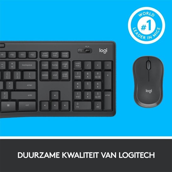 Zwart Logitech toetsenbord en muis. Tekst: DUURZAME KWALITEIT VAN LOGITECH.