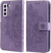 Voor Samsung Galaxy S21 FE 7-bloemblaadje Bloemen Embossing Patroon Horizontale Flip PU Lederen Case met Houder & Kaartsleuven & Portemonnee & Fotolijst (Lichtpaars)