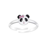 Ring meisje kind | Ring kinderen | Zilveren verstelbare ring, panda met roze strikje