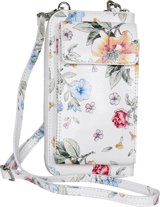 AmbraModa GLX21 - Italiaanse portemonnee telefoontasje schoudertas clutch bag gemaakt van echt leer. Wit + bloemen