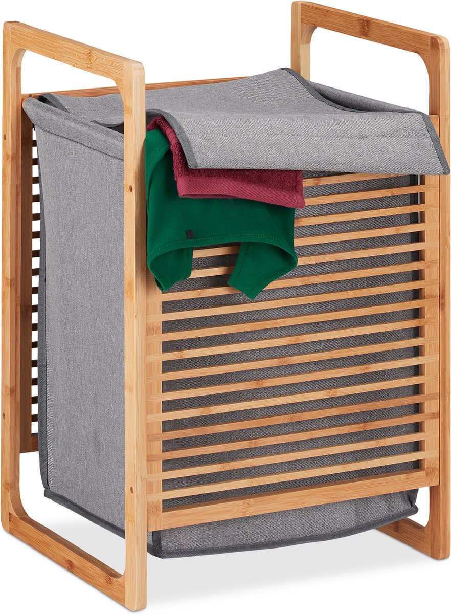 Goedkoopste wasmand bamboe - hoekig - met deksel - 60 x 40 x 35 cm - natuur-grijs