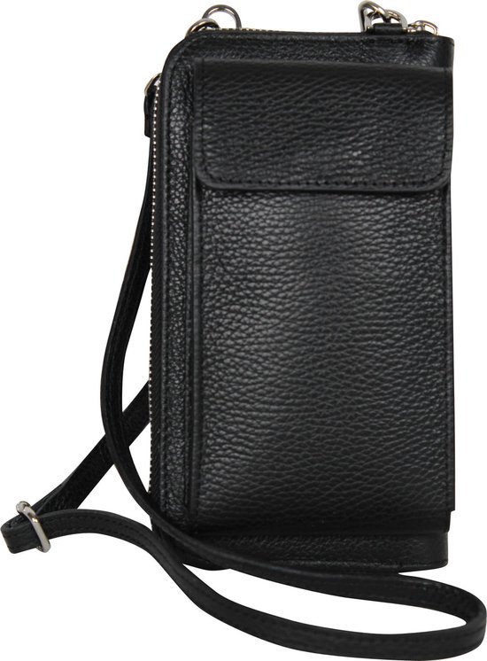 AmbraModa GLX21 - Italiaanse portemonnee telefoontasje schoudertas clutch bag gemaakt van echt leer. Zwart