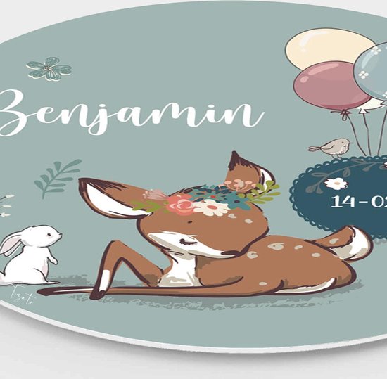 eigen – Chambre de bébé mural Cerf – avec naam et date de naissance – Décoration murale Chambre bébé – Forex – Ø 90 cm