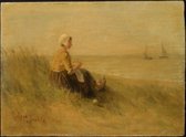 Kunst: Woman On the Shore After 1857 van Jozef Israels. Schilderij op canvas, formaat is 30X45 CM