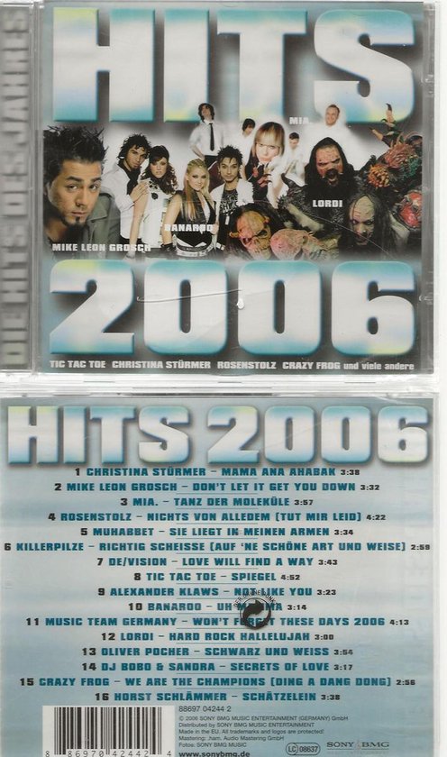 Albumhoes met de titel "HITS 2006" en afbeeldingen van artiesten zoals Mike Leon Grosch, Banaroo en Lordi.
