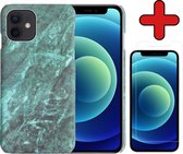 Coque iPhone 12 Marble Hardcover Fashion Case Cover avec protecteur d'écran - Coque arrière rigide pour iPhone 12 Marble Case - Vert x Zwart